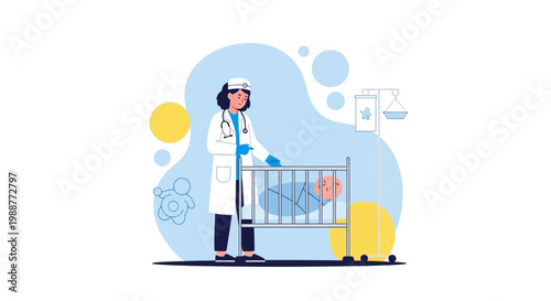 Pediatrician examining a newborn baby in a hospital crib, healthcare concept