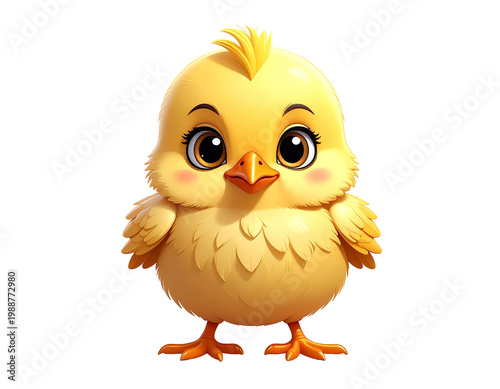 Cheerful yellow chick cartoon character standing with fluffy feathers and orange beak