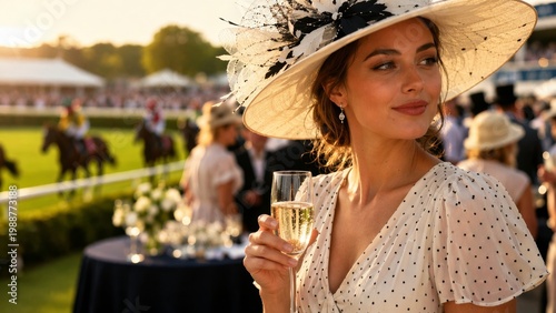 Portrait of a beautiful elegant woman in a stylish hat and polka dot dress holding a glass of champagne at a horse racing event. Luxurious social atmosphere at the racetrack during sunset.