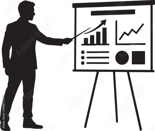 Businessman in formal suit pointing at a tripod flipchart with financial charts and growth graphs representing corporate presentation and data analysis strategy