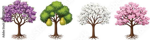 Seasonal trees collection with blooming, fruit, and flowering variations, nature landscape elements for spring garden and botanical vector illustration set