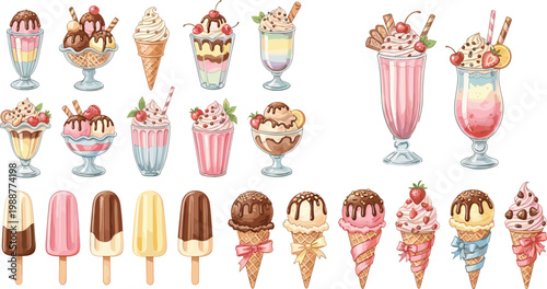 Cute ice cream desserts collection with sundaes, cones, milkshakes, and popsicles, colorful sweet treats vector illustration for menu, summer, and cafe design