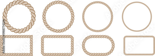 Round rope curve and ractangular symbol set. Different thickness circular ropes set for decoration. Vector isolated on transparrent background	