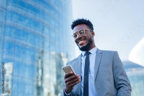 Smiling young African American businessman in suit with glasses holding smartphone near modern glass building in city