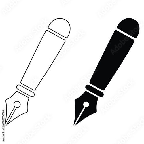Two stylized fountain pens in black and white line art with fountain pen