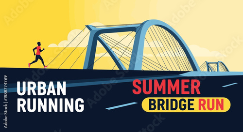 Vibrant Urban Summer Bridge Run Illustration Depicting Healthy Lifestyle and Sport Event