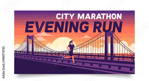 Vibrant Vector Illustration Of An Evening City Marathon Featuring A Runner Crossing A Bridge