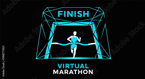 Virtual Marathon Runner Achieving Finish Line, Neon Design Over Black Background