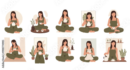 Illustrations of woman practicing yoga and meditation.