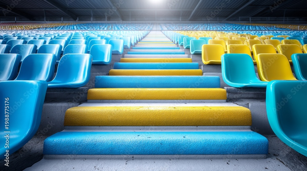 Fototapeta premium Empty Rows of Colorful Seats in a Stadium Bleacher Area