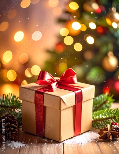 Festive gift box and tree with bokeh lights