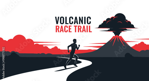 Volcanic Race Trail Runner Silhouette, Mountain Illustration, Extreme Sport, Adventure, Endurance