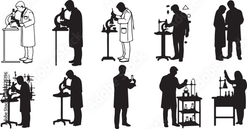 Collection of Scientist Silhouettes Working in Laboratory With Microscopes and Equipment, Science Research Concept