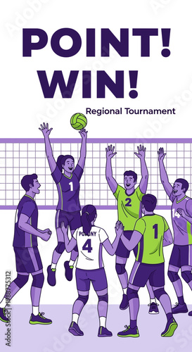 Volleyball Action Depicted During Tournament: Point, Win, and Competitive Spirit Demonstrated