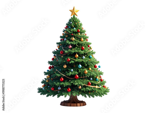 Colorful christmas tree with ornaments and star topper in a classic decor