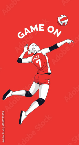 Volleyball Action: Dynamic Illustration of a Player Spiking the Ball in a Vibrant Red Setting