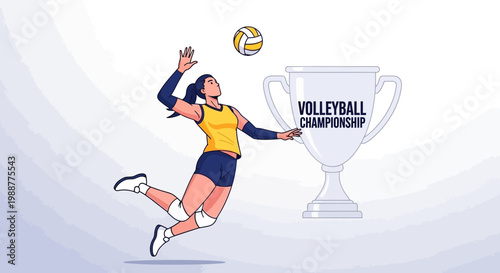 Volleyball Championship Trophy And Player Jump Action Illustration