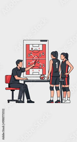 Volleyball Coach Discusses Strategy with Athletes in Preparation for Competition