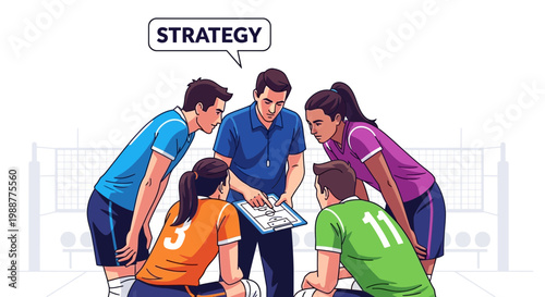 Volleyball Coach Discussing Strategy with Team During Practice Session