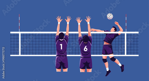 Volleyball Players Performing a Spiking Action Over the Net in Modern Illustration Style