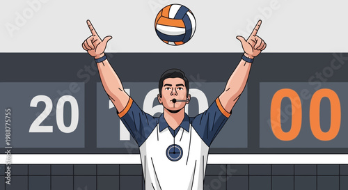 Volleyball Referee Signaling A Point While Supervising The Match's Scoreboard