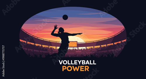 Volleyball Power: A Dynamic Silhouette Action In The Stadium Against A Sunset Background