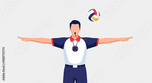 Volleyball Referee Signaling: A Sport Illustration Featuring Official And Floating Ball