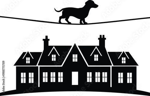 Tableau sur toile Dog walking on a tightrope above a house, balance and challenge concept vector illustration