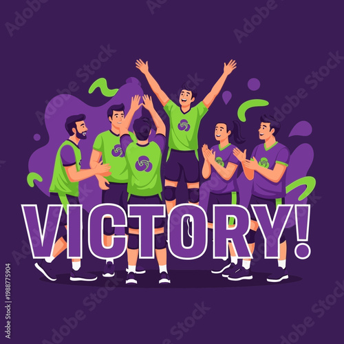 Volleyball Team Celebrates Triumph With Joyful Expressions and Uplifted Arms on a Purple Backdrop