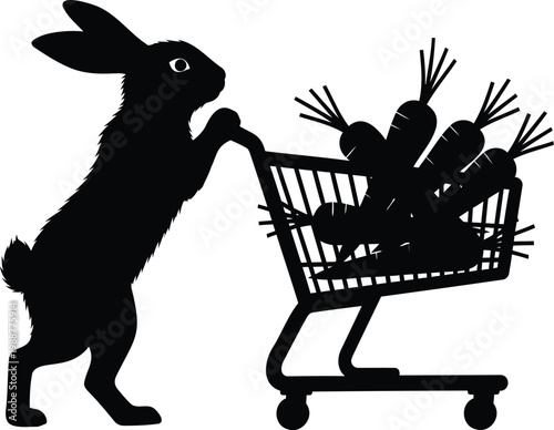 Rabbit pushing shopping cart full of carrots illustration vector.