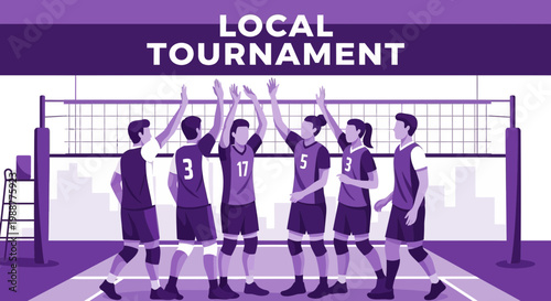 Volleyball Team Celebrates Victory at Local Tournament, Illustrative Graphic in Purple Hues