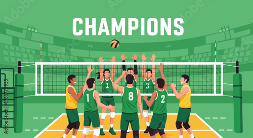 Volleyball Team Celebrates Victory with Champions Title and Ball Above Net Ready To Strike
