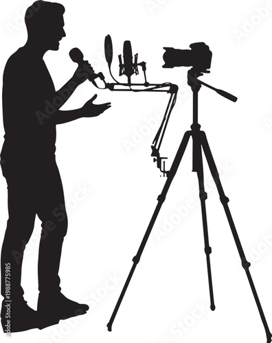 Detailed black vector silhouette of a male vlogger or influencer standing and recording a video with a professional camera on a tripod and studio microphone for content creation