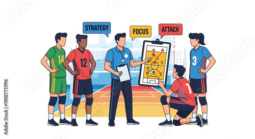 Volleyball Team Discussing Tactics With Coach, Explaining Strategies And Plans For The Game