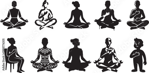 Detailed black vector silhouettes of two people sitting on the ground in a state of deep sadness depression and emotional despair for mental health concepts