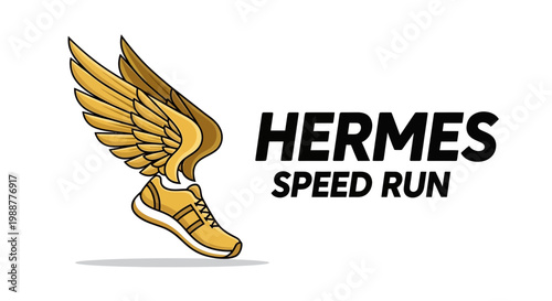Winged Running Shoe Emblem: Hermes Speed Run Concept in Vivid Yellow and Bold Typography