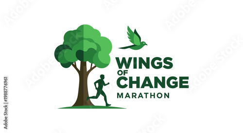 Wings Of Change Marathon Logo With Green Bird, Tree, and Running Silhouette.