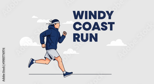 Windy Coast Runner: A Vibrant Illustration Of Coastal Running With A Determined Athlete