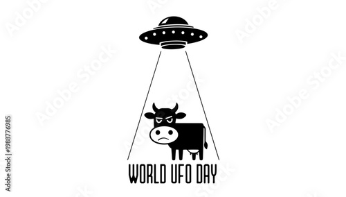 World UFO Day concept vector illustration set with alien flying saucer spaceship abducting a cow with beam of light, isolated on background