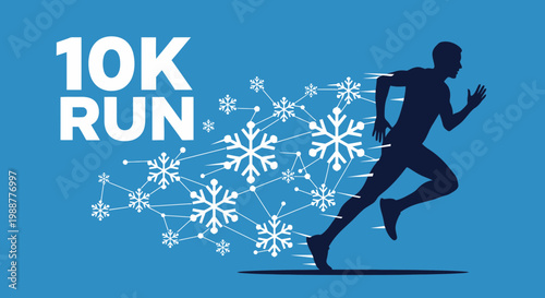 Winter 10K Run Athlete Silhouette With Snowflake Trail And Dynamic Running Pose