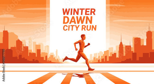 Winter Dawn City Run: Energetic Runner Paces Across Urban Landscape Silhouette