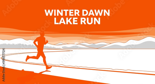 Winter Dawn Lake Run: Silhouette Of Runner Exercising In Scenic Winter Landscape