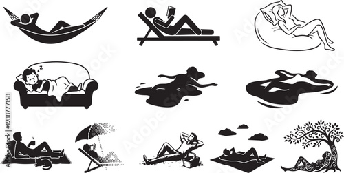 Large collection of minimalist black and white vector silhouettes depicting various people relaxing in hammocks on beach chairs sofas and under trees for summer vacation leisure concepts