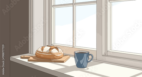 Still life of breakfast on windowsill.