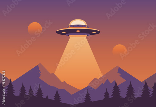 World UFO Day concept vector illustration with alien flying saucer spaceship in night sky