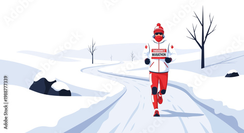 Winter Marathon Runner Overcoming Nature's Challenges Depicted in Fresh and Unique Style