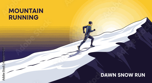 Winter Mountain Ascent Illustration Depicting a Runner at Dawn Over Snowy Terrain