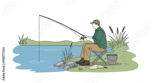 Man sitting by pond fishing peacefully outdoors.