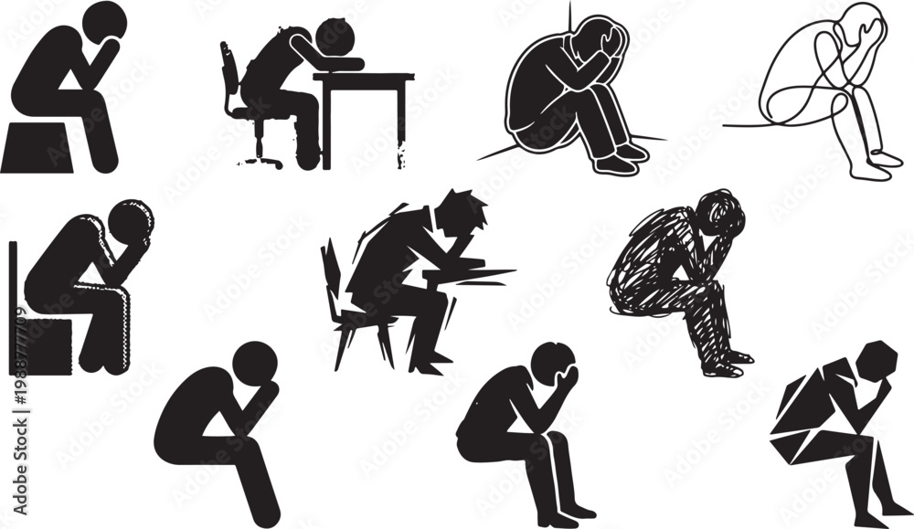 Αυτοκόλλητο Large set of black vector silhouettes depicting various people in states of deep