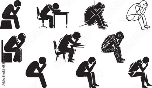 Large set of black vector silhouettes depicting various people in states of deep sadness depression and emotional despair for mental health awareness and psychological support concepts